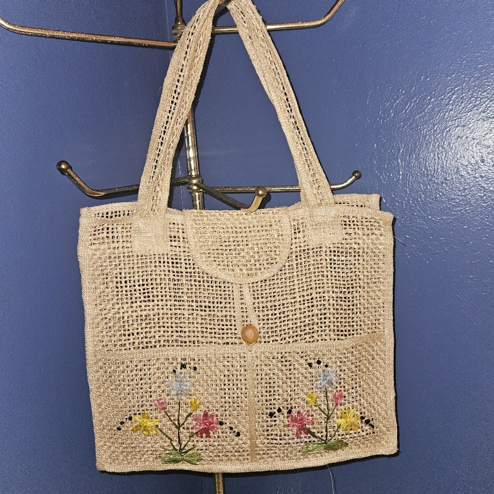 Embroidered Tan Tote Bag